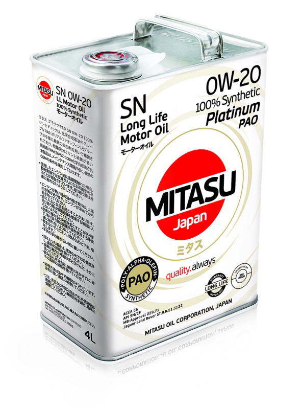 MJ110 MITASU SP 0W20 PLATINUM PAO (4L) синтетическое мотор.масло для бензинз.дв.(1/6) Япония.